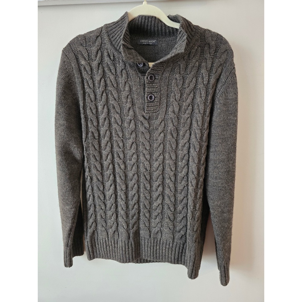 Lorenzo Magni Mens Dark Gray Cable Knit‎ Mock Neck Button Sweater Made in Italy
